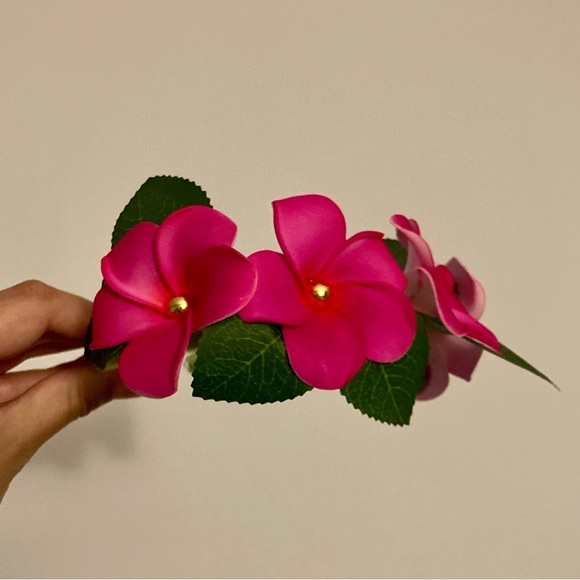 Tropical Floral Headband Moana Pink Plumeria Green Leaves - Picture 3 of 3